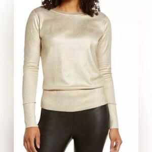 Halogen Gold Foil Crewneck Cotton Blend Sweater, M